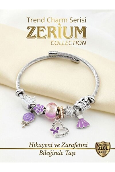 ZERİUM Modern Steel Stylish Women's Charm Steel Bracelet Lollipop Heart and Fan