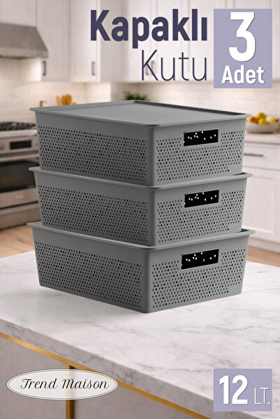 Trend Maison Multi-Purpose Organizer 12 L. Storage Box with Plastic Lid Gray