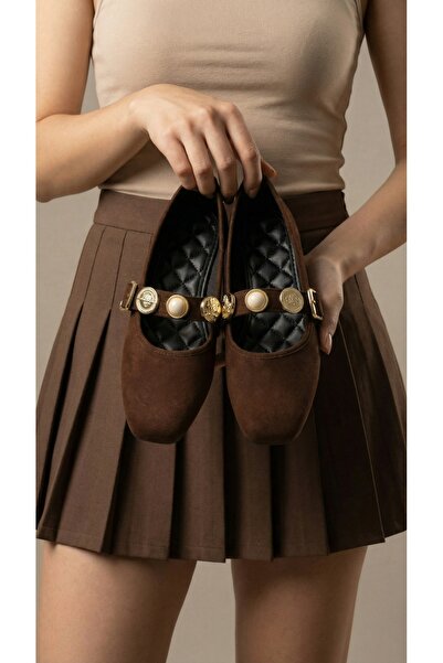 Beyond Women's Brown Money Buckle Suede Ballerinas 1cm Byndpt03