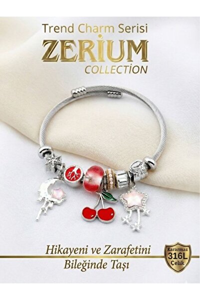 ZERİUM Modern Steel Stylish Women's Charm Steel Bracelet Cherry and Sleep Dream