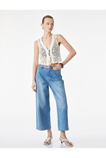 Koton High Waist Cotton Belted Short Wide Leg Denim Trousers - Wide Leg Jean