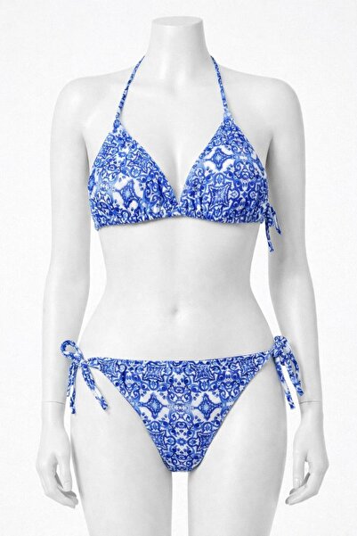 VAJESTO Women's Blue Triangle Bikini Set Lycra Stretchy Side Halter Neck Styl...