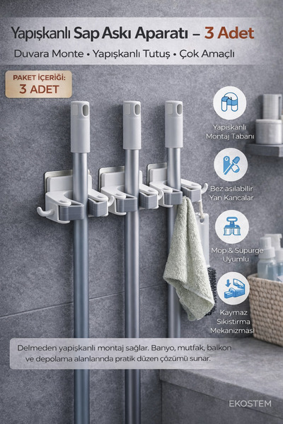 Ekostem Mandallı Süpürge Sapı Klemp Askı Tutacağı Organizer Aparat 3 Adet