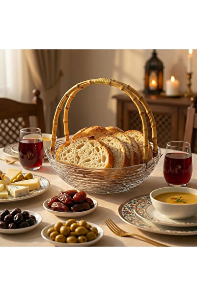 FAIR HOME سلة زجاجية مستديرة كبيرة الحجم بمقبض من الخيزران - عرض تقديمي - وعا...