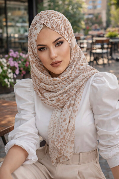Aişe tesettür Vizon Beyaz Puanlı Şifon Hazır Şal - 50600