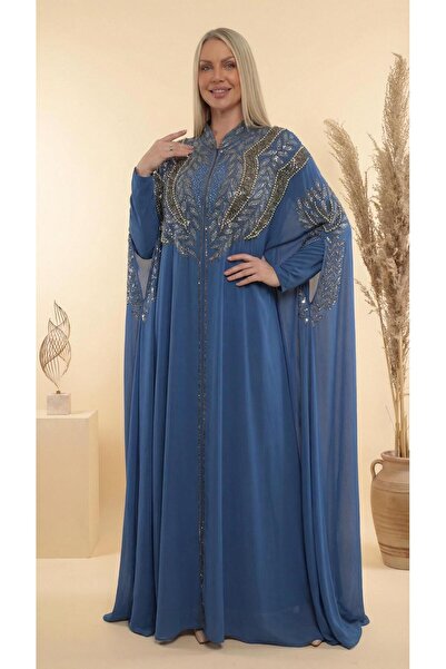 MİSS DİAMOND Zarif Taş İşlemeli Mavi Abaya Ferace Elbise