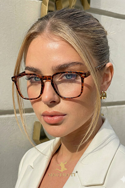MACERATİ Vero Unisex Leopard Square Frame Blue Block Transparent Glass Glasses