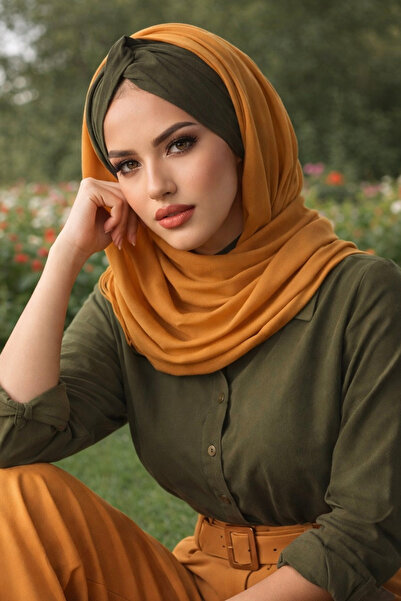 Aişe tesettür Έτοιμο σάλι με μοτίβο σε χακί χρώμα