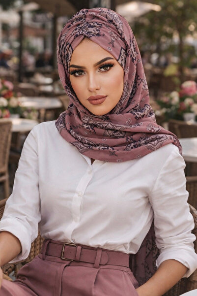 Aişe tesettür Şal gata cu model retro pudră închisă