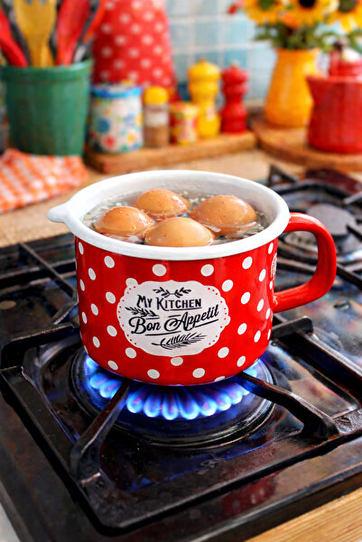 EBRULİEMAYE Retro Kırmızı Puantiyeli Emaye Sütlük Sosluk Yumurta Tencere