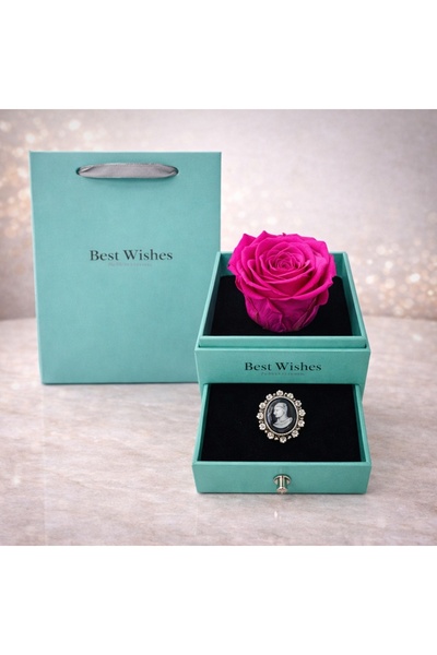 velve Cryogenic rose in turquoise box, with drawer and brooch, fuchsia, Fuchsia