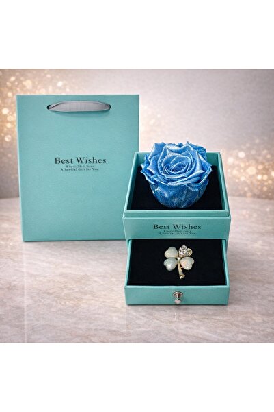 velve Trandafir criogenat in cutiuta turcoaz, cu sertar si brosa, albastru me...