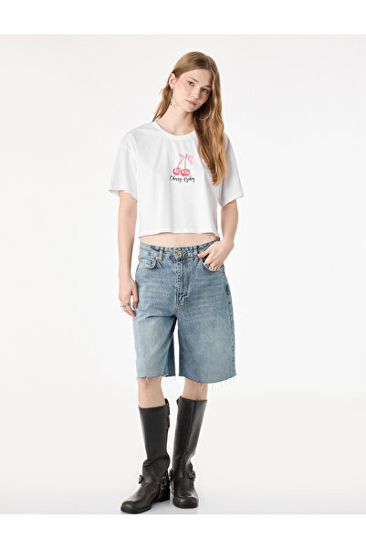 Koton Γυναικείο T-Shirt με στάμπα Cherry Crop Ecru 6SAL10095IK