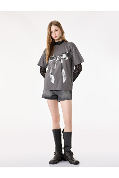 Koton Bowknot Printed Short Sleeve Crew Neck Cotton Oversize T-Shirt