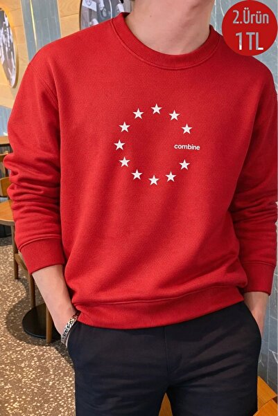 COMBİNE MİCHAİL Star Printed Relaxed Fit Men's Red Sweatshirt