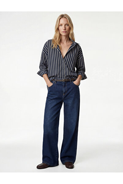 Koton High Waist Cotton Belted Short Wide Leg Denim Trousers - Wide Leg Jean