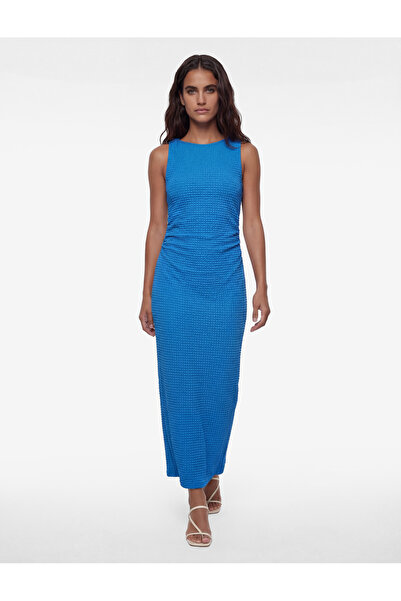 Koton Bürümcük Fabric Draped Boat Neck Sleeveless Slim Fit Long Pencil Dress