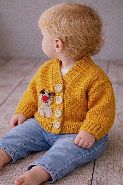 seraskids سترة محبوكة يدويًا بلون الخردل مع أزرار للأولاد الصغار