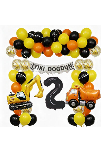 Işıltı Balon Dükkanı İnşaat Temalı Doğum Günü Balon Seti – İş Makinesi & Kamy...