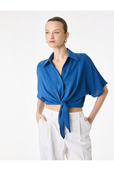 Koton Short Sleeve Classic Collar Crop Shirt with Tie Detail