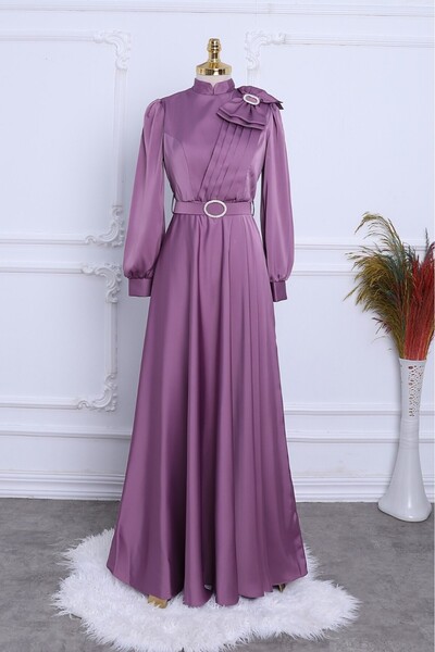 HİJABAYA Satin Evening Dress with Brooch, Bow and Stone Belt