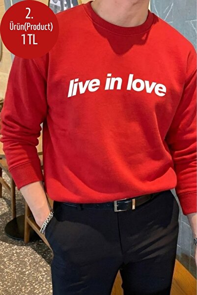 COMBİNE MİCHAİL Live in Love Printed Cotton Men's Red Sweatshirt