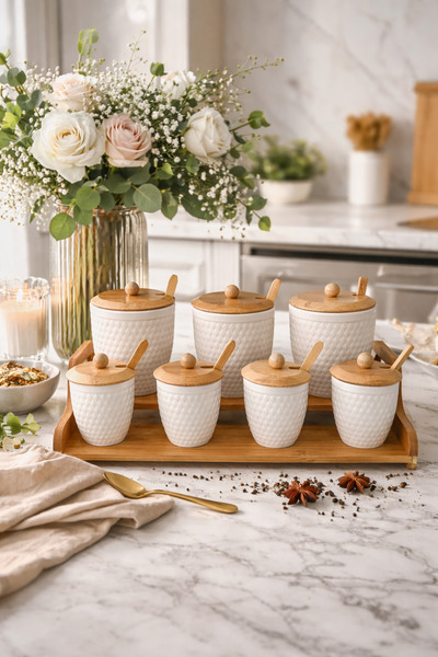 AENLINE HOME Bambu Standlı 7 Parça Seramik Baharatlık Seti – Kaşıklı Kapaklı ...