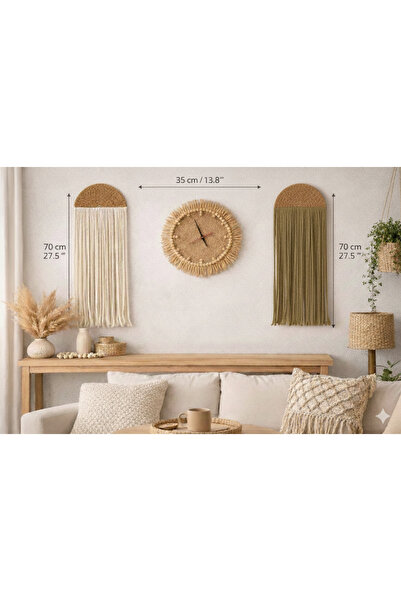 AYBÜK PABUÇ MAKROME DUVAR SÜSÜ VE BOHEM TARZ HASIR DUVAR SAATİ 3 LÜ SET