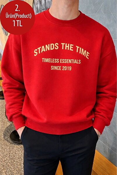 COMBİNE MİCHAİL Men's Stands the Time Printed Oversize Crew Neck Red Sweatshirt