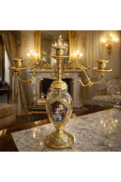 esdekor Italyan Murano Gold Renk 3 Kollu Şamdan 1 Adet El Yapımı Aristokrat K...