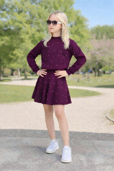 Yalçınoğlu Kids Set fustă cu mâneci lungi și detalii perlate pentru fete I Se...