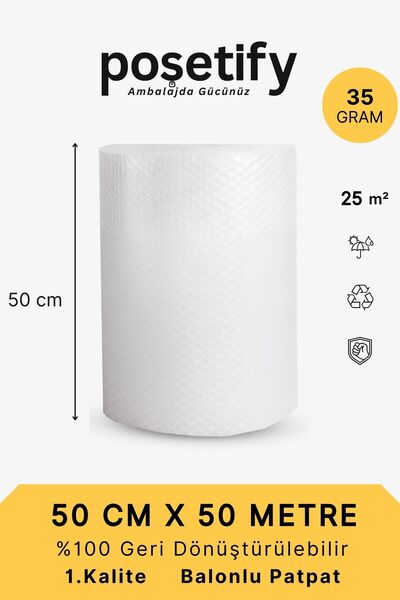 POŞETİFY 50 cm x 50 m Balonlu Naylon Patpat | 1. sınıf | 3 Katlı | 25 m2 | 35...