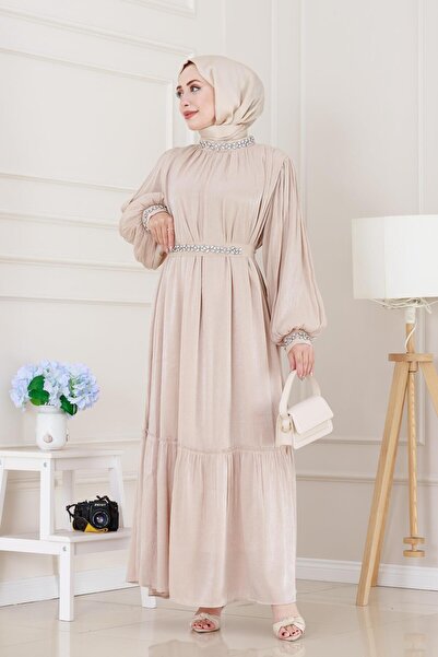 Sevitli فستان سهرة سيماي مطرز بالحجر - بيج