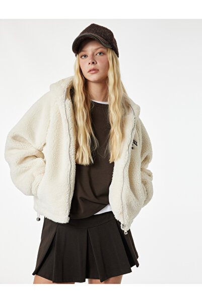 Koton سترة طويلة الأكمام ذات قصة عادية وجيوب وسحاب بغطاء رأس من القطيفة