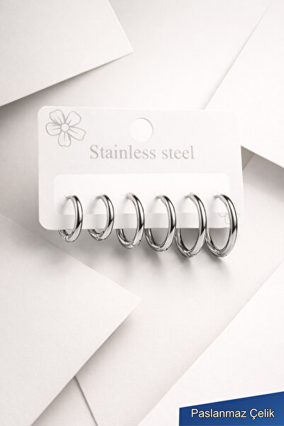TREND COLLECTİON Unisex Gümüş Klasik Halka Paslanmaz Çelik Küpe Set (6 adet)