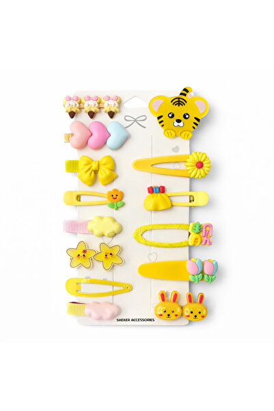 SHEKER HOME Kız Çocuk & Bebek Sarı Pens/Çıtçıt Toka Seti 14 Adet – Karışık Fi...