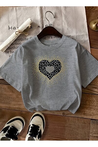 caddekombin Γυναικείο μοντέρνο μπλουζάκι με σχέδιο καρδιάς λεοπάρ σε γκρι χρώμα