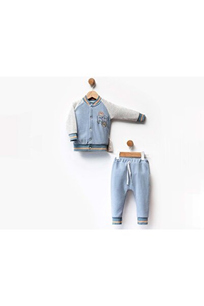 Generic Brand 68 Embroidered Buttoned Velvet Top and Bottom Set Blue