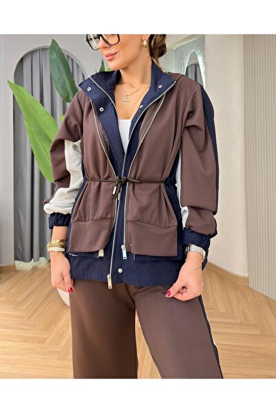 Lavanta Tekstil طقم مكون من قطعتين بتصميم بغطاء رأس باللون الأزرق الداكن والبني