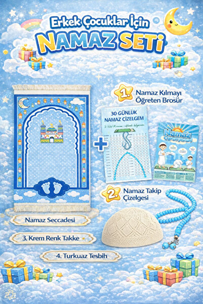 simply line KREM Çocuk TAKKE seccadesi tesbih set Büyük Boy Erkek Çocuk Namaz...