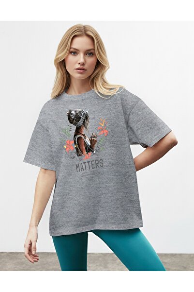 caddekombin Portret žene Štampano Detaljan cvet sive boje T-shirt