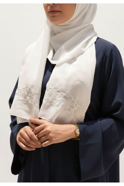 Veil Designer White hijab with embroidery on both ends, made of Japanese fabr...