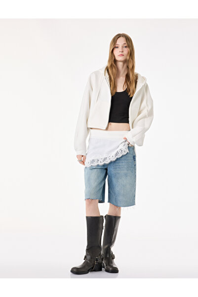 Koton Şardonlu Balon Kol Simli Kanguru Cepli Kapüşonlu Fermuarlı Oversize Swe...