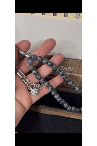 GÜLNAR BİJUTERİ سبحة من حجر الأوبسيديان الطبيعي 33 حبة - لون فضي إيماميلي - ح...