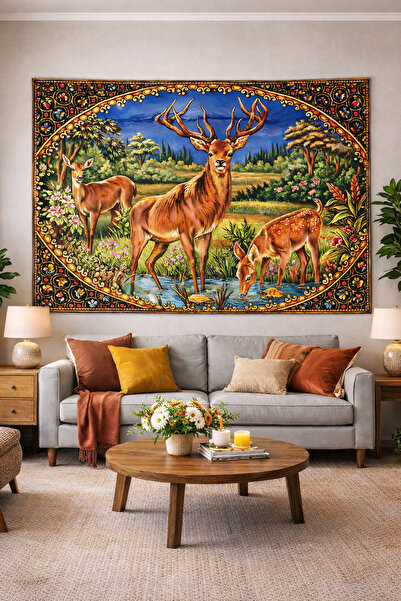 Vendini Vintage Serisi Geyik Ailesi Duvar Halısı Duvar Örtüsü Wall Tapestry