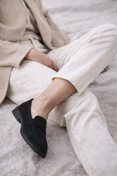 POTEEN Balerini casual cu cataramă din piele întoarsă neagră pentru femei Gig...