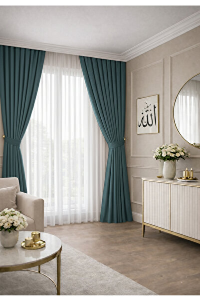 Wowlays Home Petrol Mavisi Pileli Fon Perde Kadifemsi Kumaş Yüksek Kalite Tek...