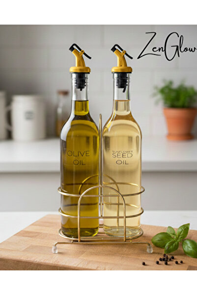 ZenGlow Lüx Şık 2'li Gold Demir Standlı Gold Tıpa/ Kapak Şeffaf Cam Yağlık Ya...