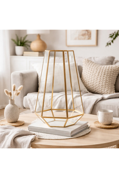 El Crea Designs 34x26x26cm Pirinç Gold Geometrik Teraryum Cam Fanus Vazo Jard...