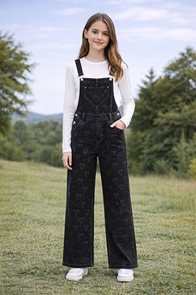 Bilge Trend Heart Printed Girls' Denim Salopet